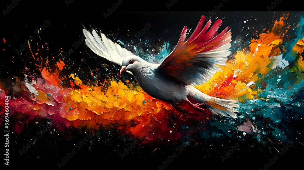 A vibrant painting of a dove in flight, surrounded by colorful splashes of paint. A vibrant painting of a dove in flight, surrounded by colorful splashes of paint.
