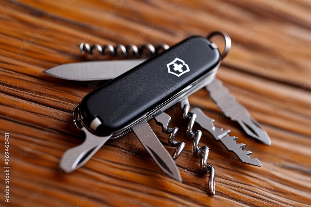 A keychain with multiple attachments, including a Swiss Army knife, screwdriver, and mini scissors, offering an all-in-one toolset