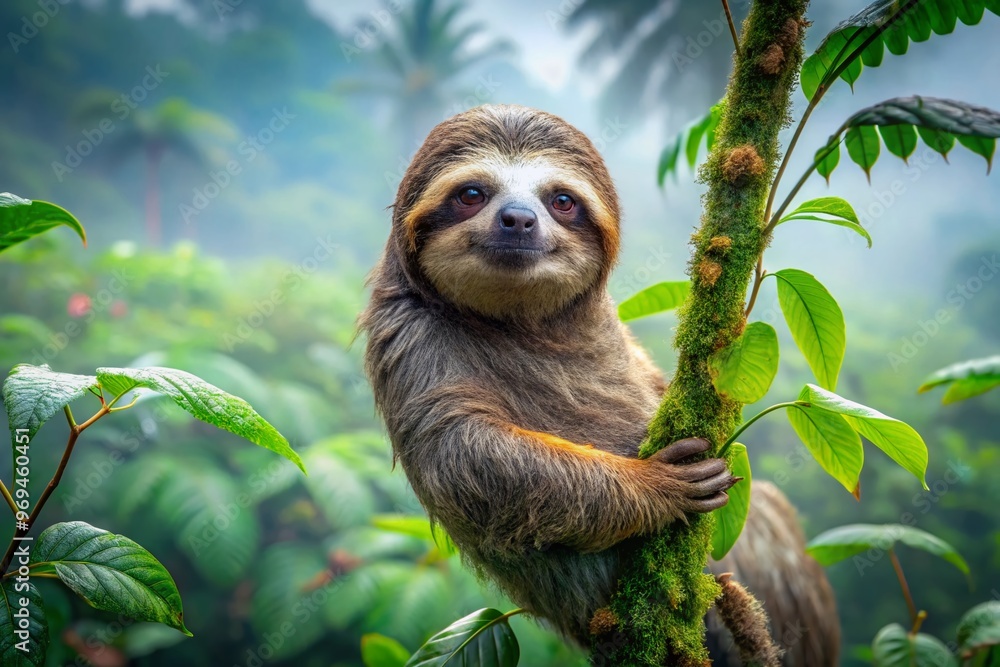 A slow-moving sloth clings to a lush green branch in a misty rainforest, its fur blending seamlessly with A slow-moving sloth clings to a lush green branch in a misty rainforest, its fur blending seamlessly with