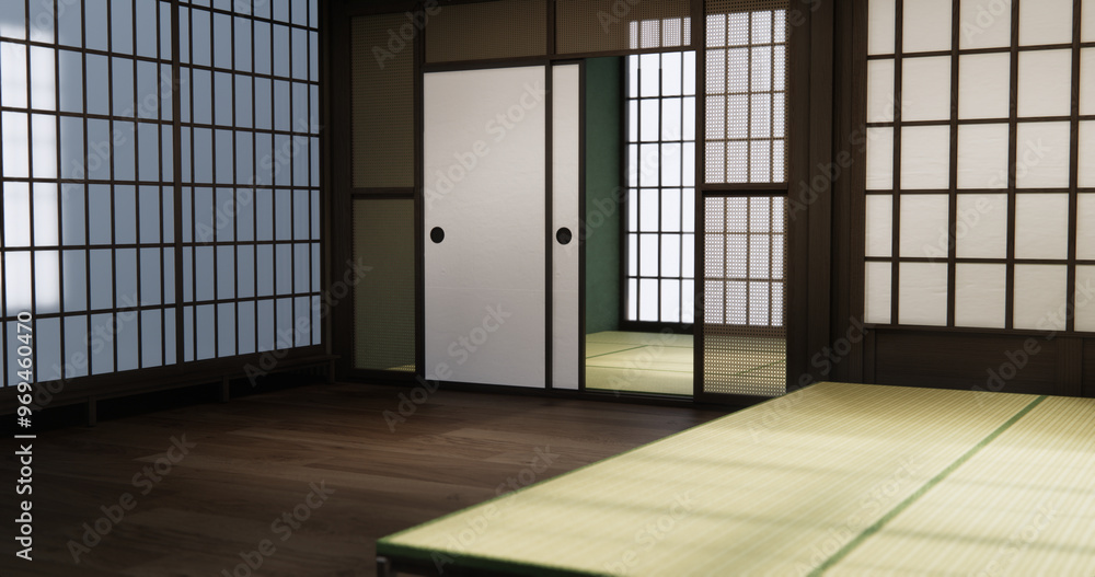 Standard Empty room japan and tatami mat floor. 3D rendering Standard Empty room japan and tatami mat floor. 3D rendering