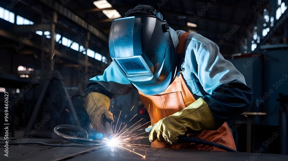Welder Working on Metal Fabrication with Sparks Flying Welder Working on Metal Fabrication with Sparks Flying