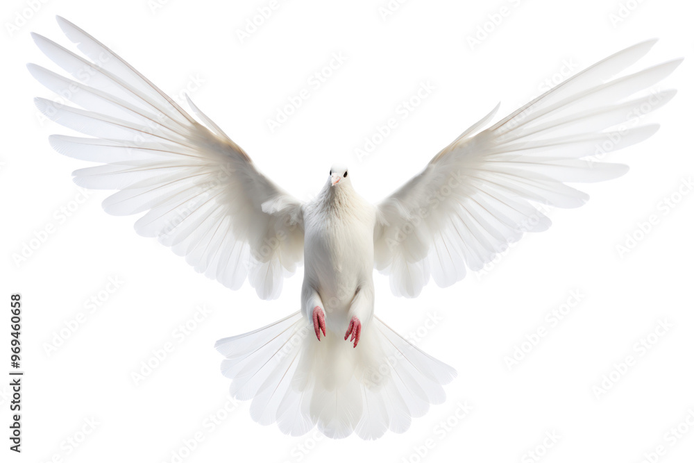 Obraz premium A white dove flying upwards with its wings fully extended against a clean white backdrop, isolated on white background