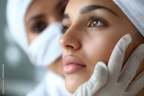 Close-up of a doctor examining a young woman's face with gloves, focusing on skin texture and health. photo