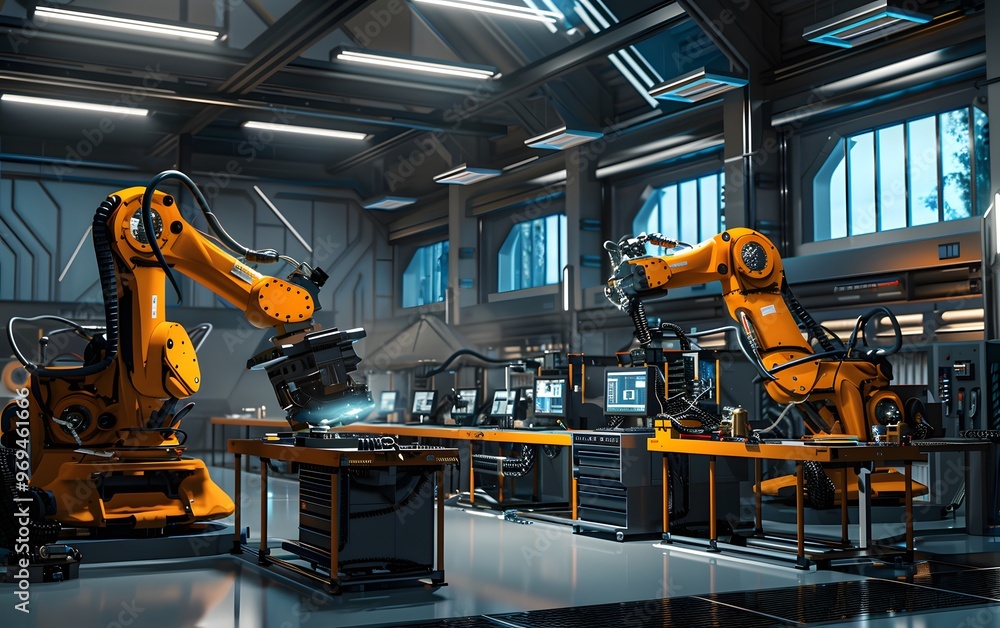 Futuristic factory scene featuring advanced robotic arms working on assembly lines with bright lighting and high-tech equipment. Futuristic factory scene featuring advanced robotic arms working on assembly lines with bright lighting and high-tech equipment.