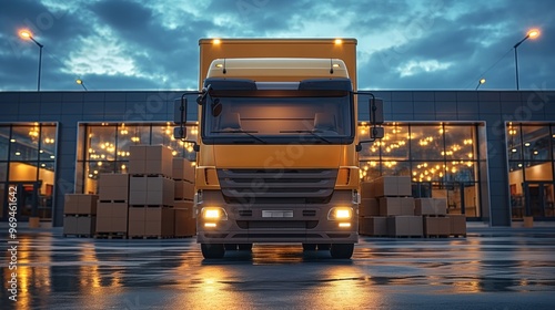 A yellow truck is parked in an industrial yard at night, surrounded by stacks of boxes near a warehouse. photo