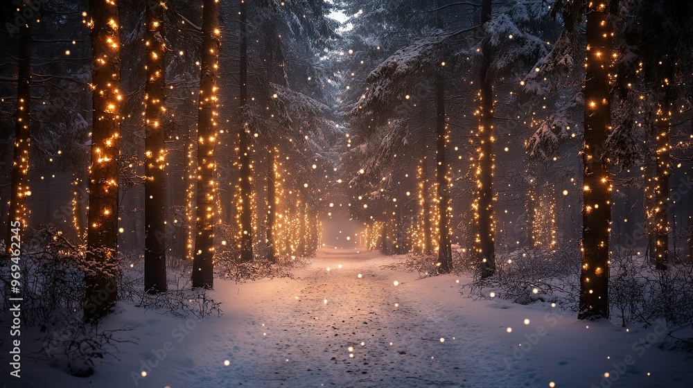 Snowy forest with twinkling fairy lights wrapped around the trees Snowy forest with twinkling fairy lights wrapped around the trees