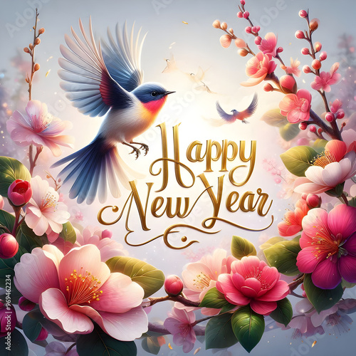 Happy New Year Floral Greeting with Birds