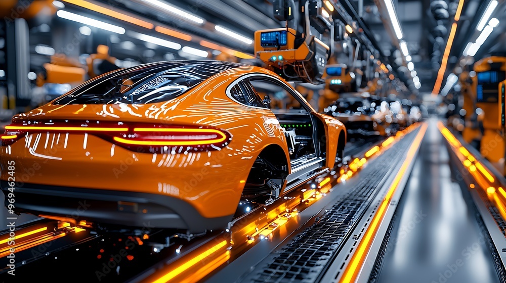 A modern automotive factory line with an orange car in progress. A modern automotive factory line with an orange car in progress.