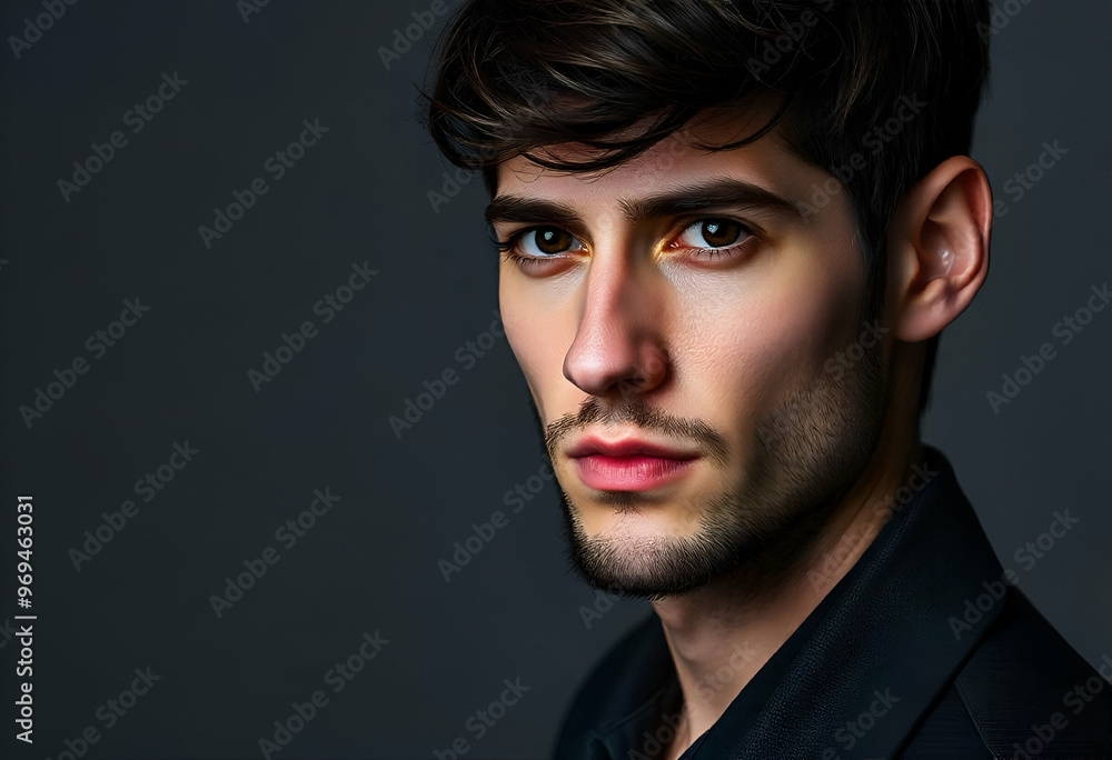 Obraz premium Close up of male model, nice haircut, gray background, studio shot, serious look looking at camera
