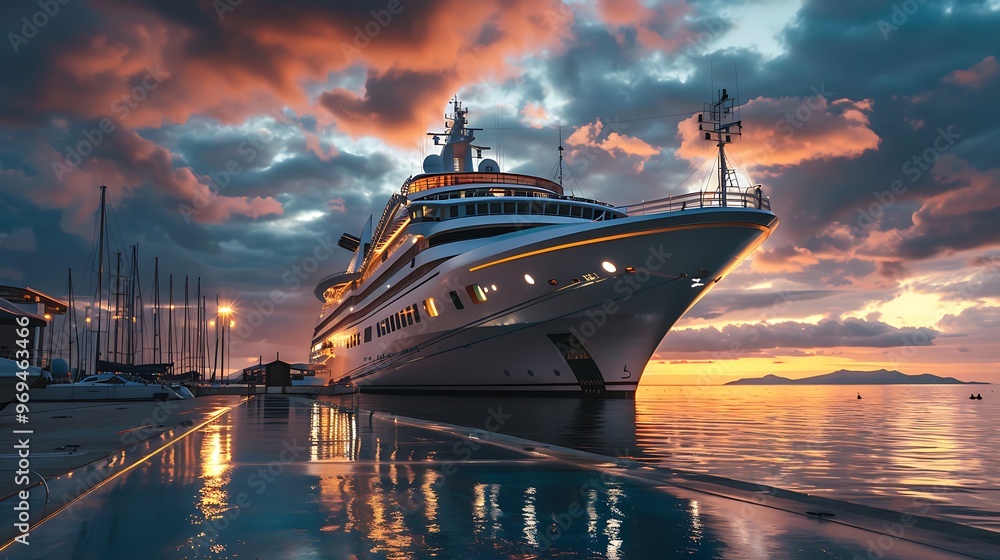 Luxurious cruise vessel arriving at dock at dawn