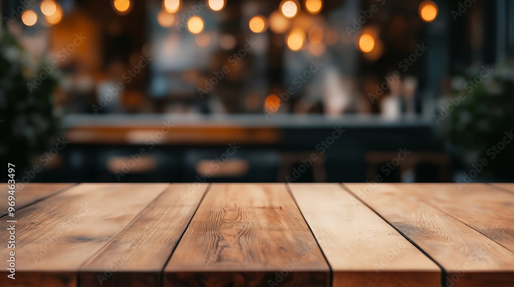 Wooden table with blurred cafe background, warm bokeh lights, and cozy atmosphere. Wooden table with blurred cafe background, warm bokeh lights, and cozy atmosphere.