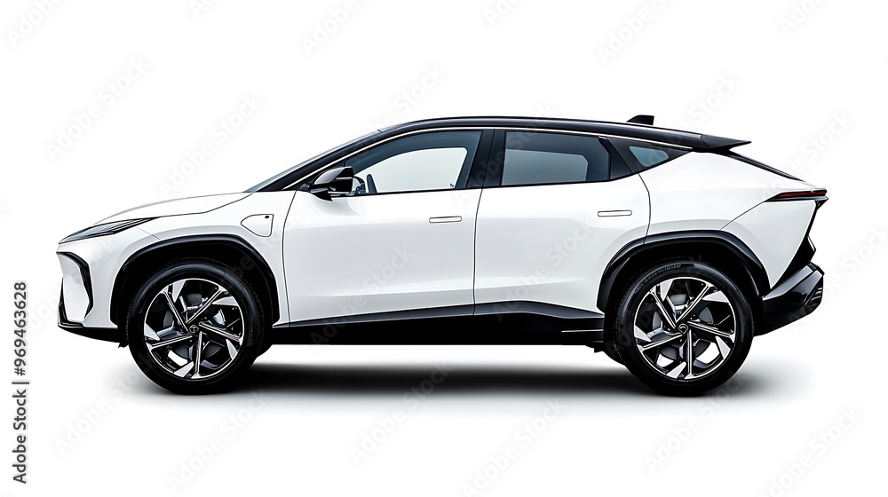 A modern white electric SUV, perfectly isolated in a side view. A modern white electric SUV, perfectly isolated in a side view.
