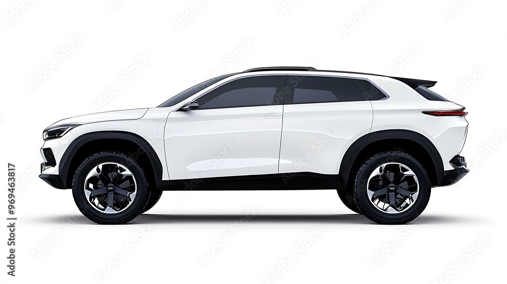 A sleek white modern SUV, its side profile standing out against white. A sleek white modern SUV, its side profile standing out against white.