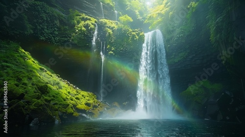 Mystical Waterfall with Lush Greenery and Soft Sunlight, a Serene Natural Scene for Relaxation and Inspiration