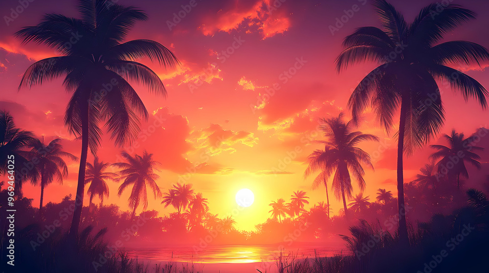 A vibrant sunset over a tropical landscape with palm trees. A vibrant sunset over a tropical landscape with palm trees.