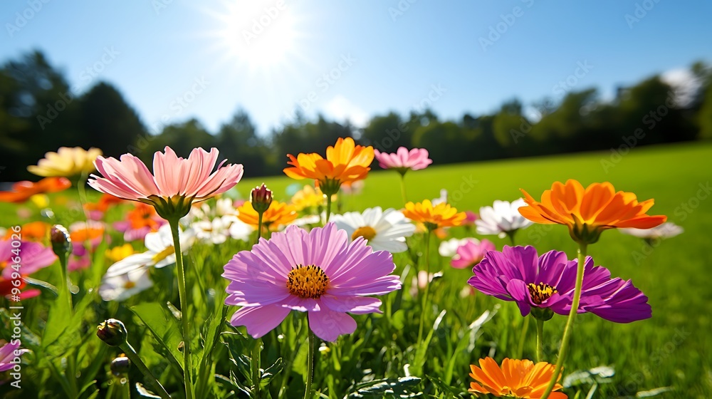 Obraz premium Sunlight illuminating a blooming field of flowers on a freshly cut lawn, vivid colors contrasting with the green grass, perfect for seasonal designs