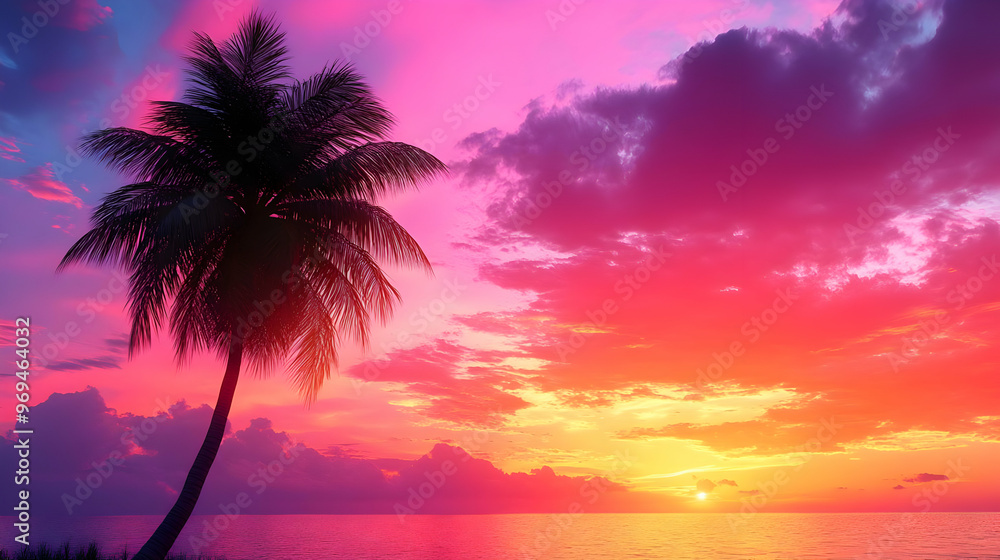 A vibrant sunset over the ocean with a silhouetted palm tree. A vibrant sunset over the ocean with a silhouetted palm tree.