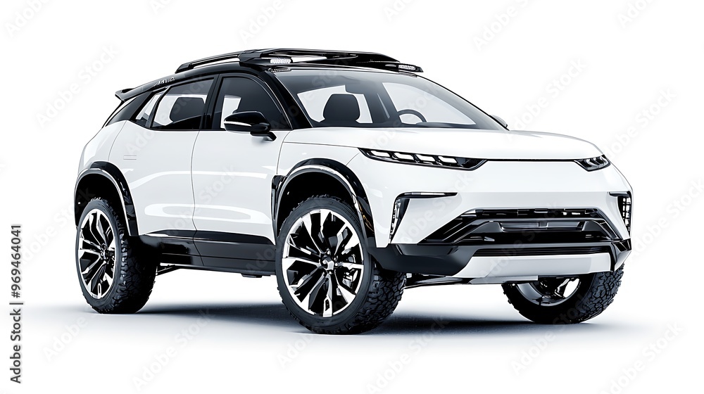 Naklejka premium A white modern SUV with a roof rack, isolated in a side view.