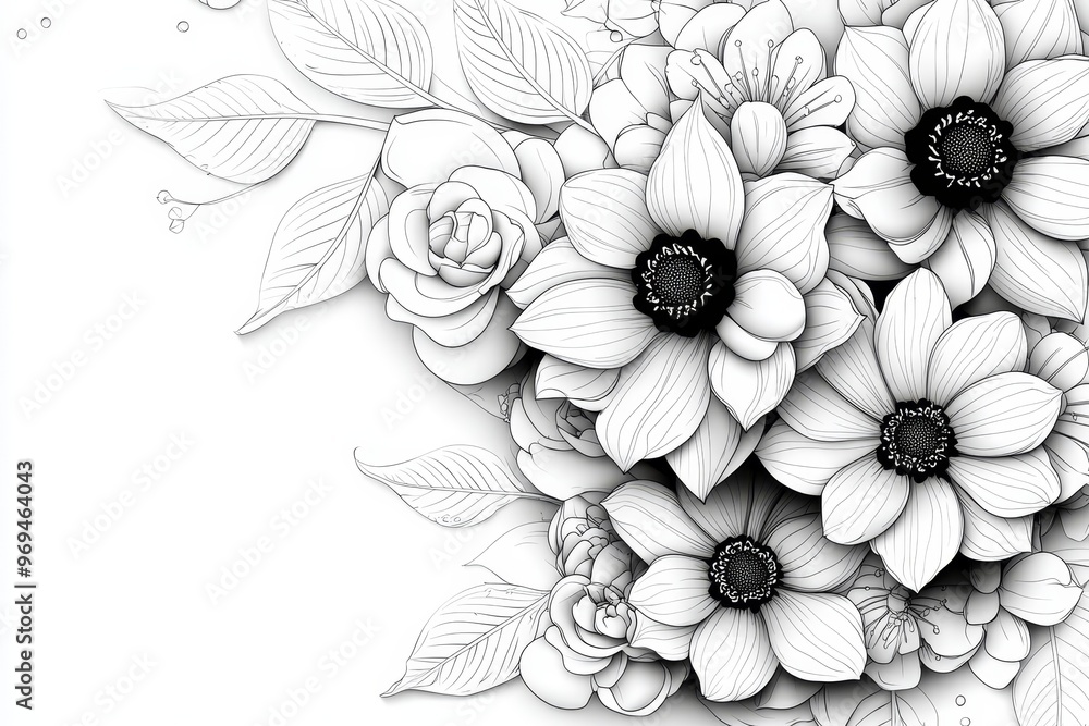 Detailed black and white floral bouquet with intricate petals, line art, empty coloring book page, elegant, high-quality, nature, beauty::1 roses, lilies, daisies, ornate arrangement, timeless Detailed black and white floral bouquet with intricate petals, line art, empty coloring book page, elegant, high-quality, nature, beauty::1 roses, lilies, daisies, ornate arrangement, timeless