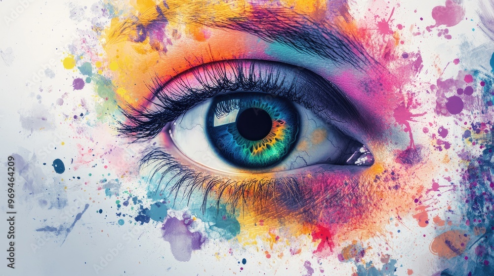 Generative AI concept featuring a human eye surrounded by colorful ink splashes, combining art and technology in an abstract Generative AI concept featuring a human eye surrounded by colorful ink splashes, combining art and technology in an abstract