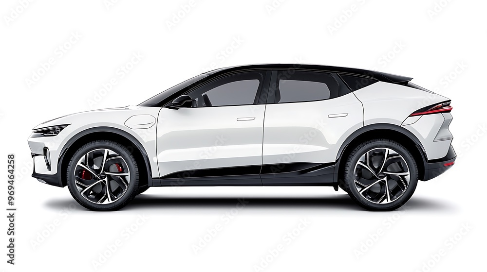 A modern white SUV electric car, its side view isolated in sleek simplicity. A modern white SUV electric car, its side view isolated in sleek simplicity.