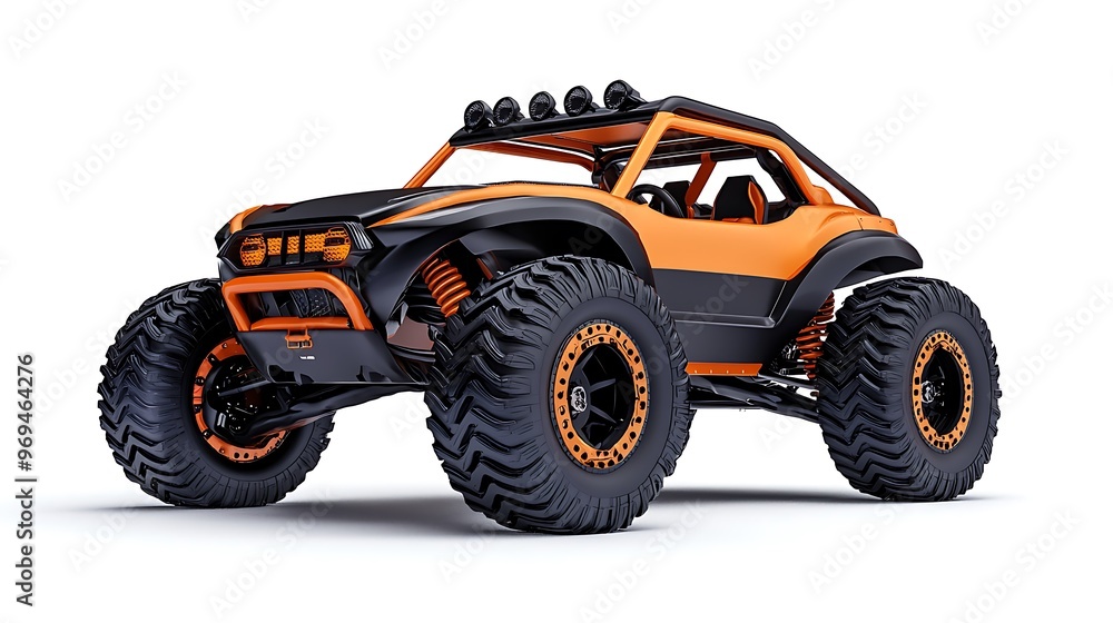 An off-road buggy with large orange and black tires, isolated against white. An off-road buggy with large orange and black tires, isolated against white.