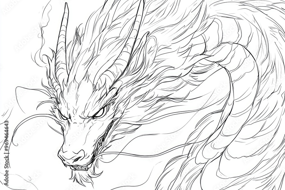 Intricate line art of a mythical dragon, showcasing unique features and dynamic movement, perfect for fantasy art projects. Intricate line art of a mythical dragon, showcasing unique features and dynamic movement, perfect for fantasy art projects.