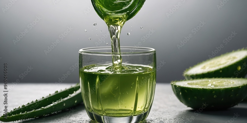 Aloe vera juice in an engaging 3D image as it streams into a glass Aloe vera juice in an engaging 3D image as it streams into a glass