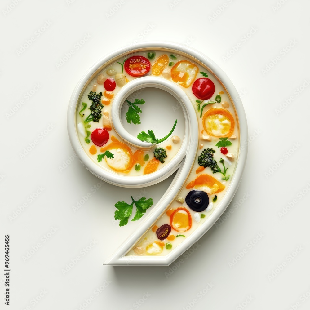 3D number 9 with soup texture realistic modern design, soft lighting, white background 3D number 9 with soup texture realistic modern design, soft lighting, white background