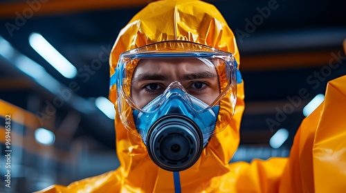 A man clad in a yellow hazmat suit, complete with a respirator and goggles. photo