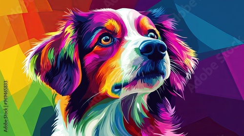 Colorful abstract portrait of a dog against a vibrant background photo