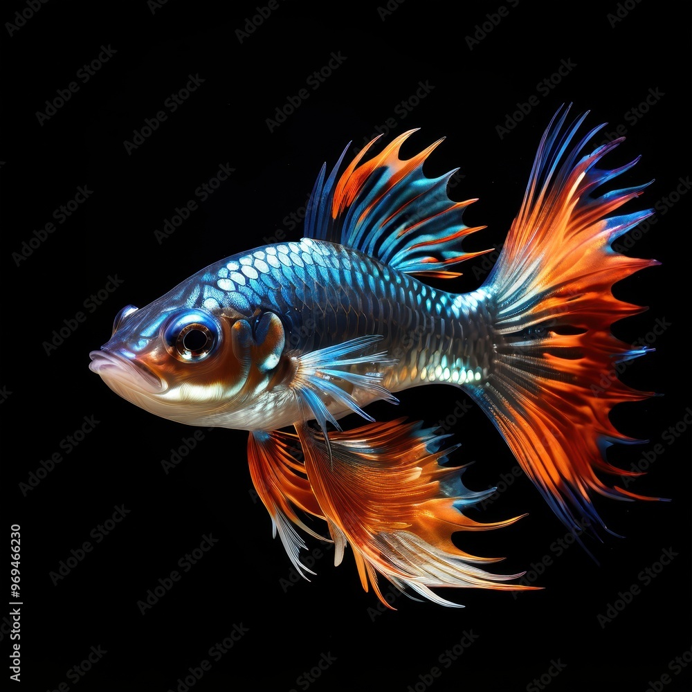 Fototapeta premium A vibrant, colorful fish with flowing fins swimming against a black background.