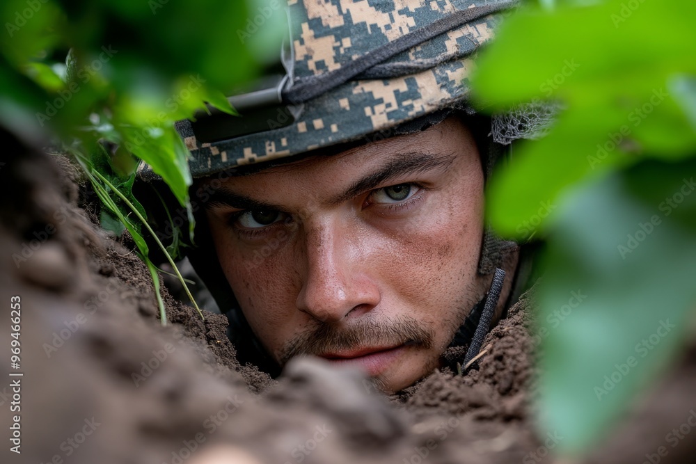 Obraz premium A sniper lying in a shallow ditch, with netting and plants draped over their body to blend into the earth around them