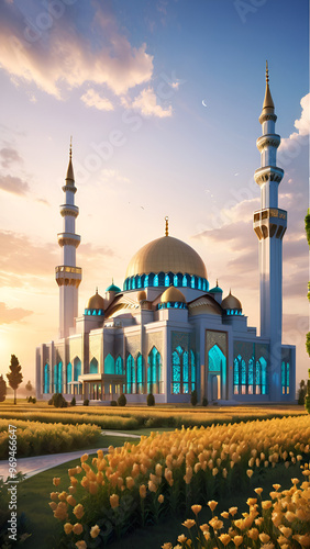 A vertical wallpaper image of a Muslim mosque silhouetted against a vibrant beautifulsky, showcasing intricate architectural details. photo