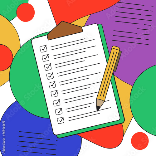 Checklist and pencil illustration with colorful background, task management concept