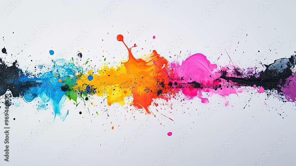 White backdrop with bold, abstract splatters in neon colors White backdrop with bold, abstract splatters in neon colors