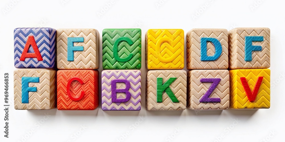 Colorful wooden blocks with uppercase letters A to F arranged in a playful zigzag pattern on a bright Colorful wooden blocks with uppercase letters A to F arranged in a playful zigzag pattern on a bright