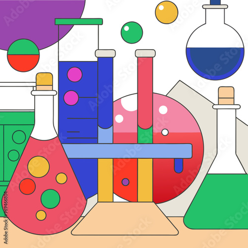 Colorful chemistry lab equipment illustration with test tubes and flasks, science experiment concept