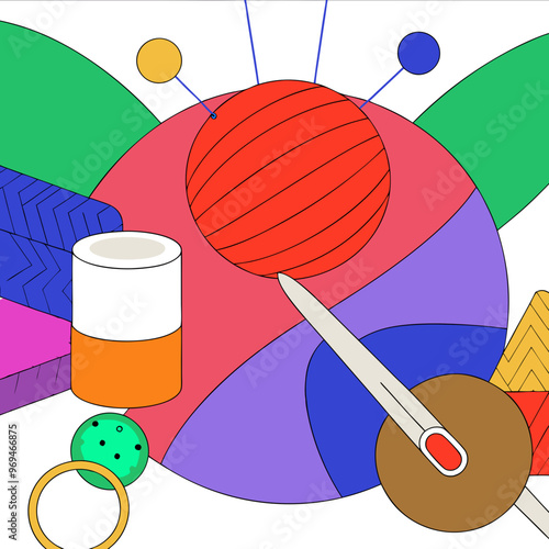 Knitting and sewing tools illustration on abstract colorful background