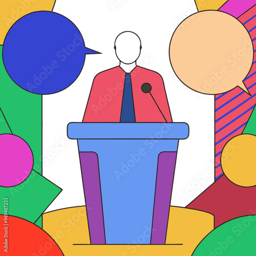 Speaker at podium with speech bubbles on colorful abstract background