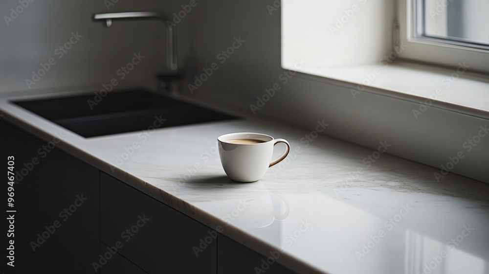 minimalist kitchen with a focus on a single cup of coffee on a marble countertop, with clean lines and soft natural light creating a serene atmosphere. minimalist kitchen with a focus on a single cup of coffee on a marble countertop, with clean lines and soft natural light creating a serene atmosphere.