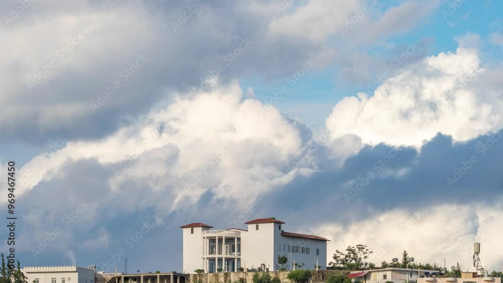 Timelapse over Albanian city with clouds in the blue sky Timelapse over Albanian city with clouds in the blue sky