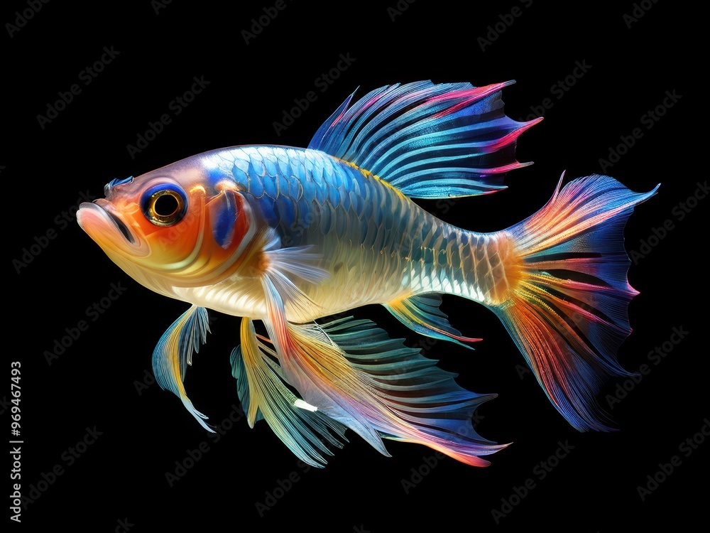 A vibrant, colorful fish with flowing fins swimming against a dark background. A vibrant, colorful fish with flowing fins swimming against a dark background.