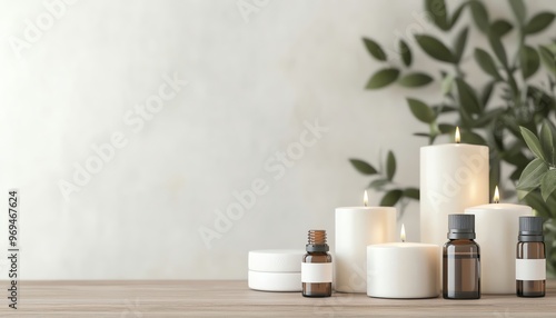 A serene arrangement of candles and essential oils on a wooden surface, perfect for creating a calming atmosphere. photo