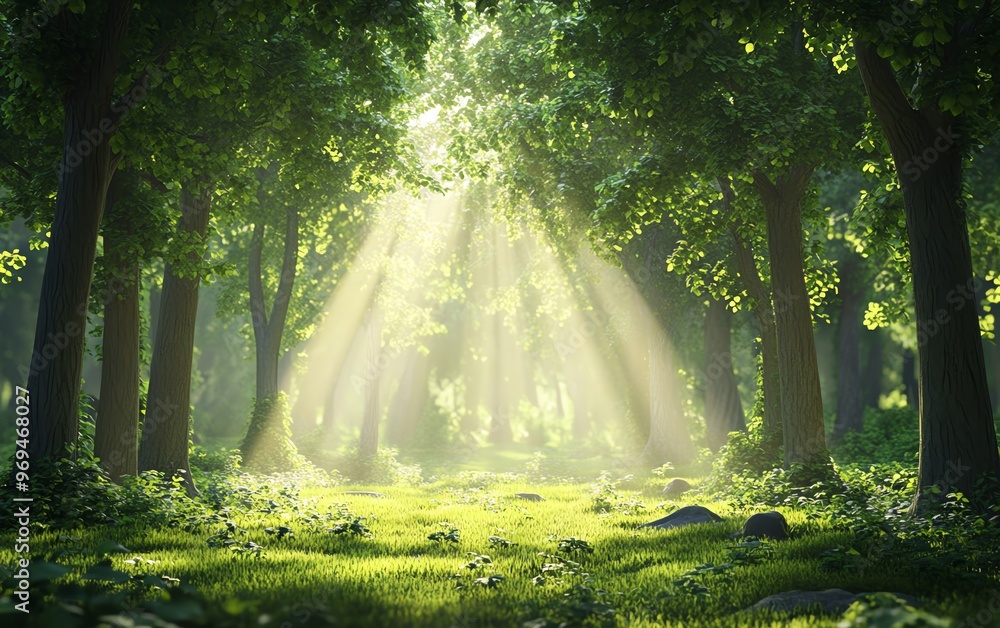 Obraz premium A serene forest scene with sunlight streaming through lush trees, creating a peaceful and magical atmosphere.