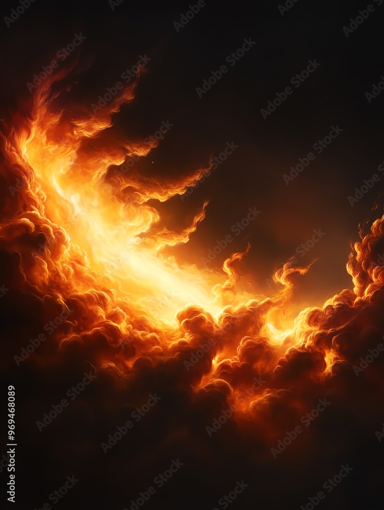 Dramatic fiery cloudscape image with intense, glowing orange and yellow flames against a dark sky. Beautiful and powerful natural phenomenon. Dramatic fiery cloudscape image with intense, glowing orange and yellow flames against a dark sky. Beautiful and powerful natural phenomenon.