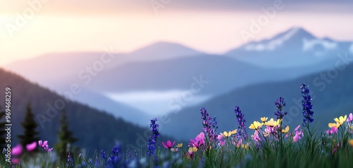 A serene landscape featuring vibrant flowers in the foreground, with majestic mountains and a soft sunset in the background. photo