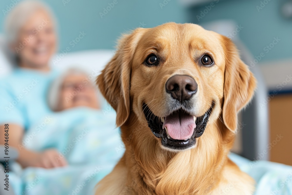 A therapy dog visiting patients in a hospice, bringing comfort and joy through simple, loving interactions A therapy dog visiting patients in a hospice, bringing comfort and joy through simple, loving interactions