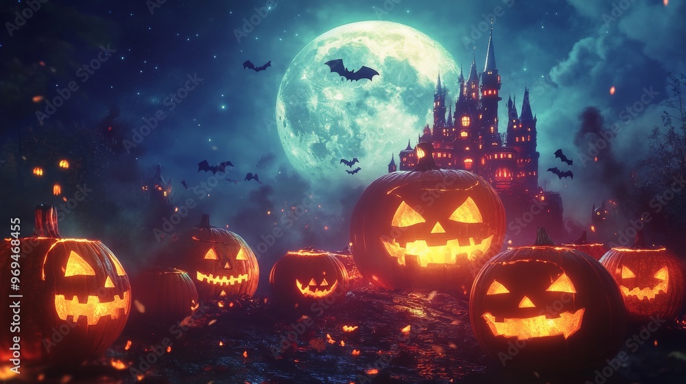 Photo of children in backlit view against the background of the moon with many pumpkins on the ground, a castle and bats flying on Halloween. Photo of children in backlit view against the background of the moon with many pumpkins on the ground, a castle and bats flying on Halloween.