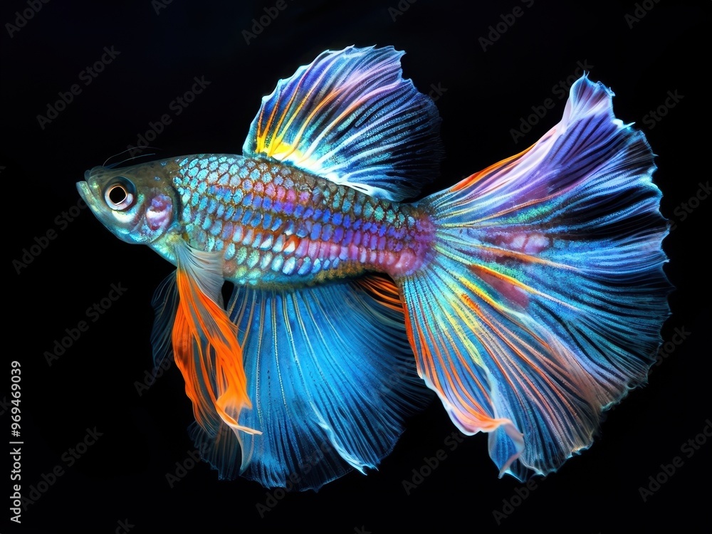 A vibrant, colorful fish with flowing fins swimming against a dark background. A vibrant, colorful fish with flowing fins swimming against a dark background.